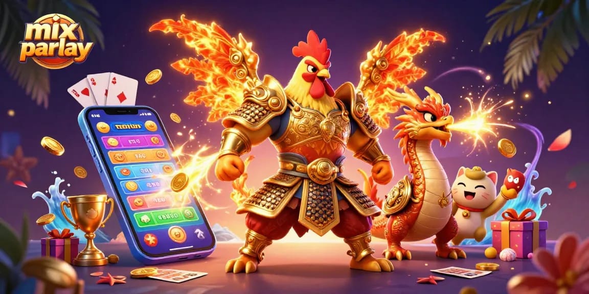 Menangkan taruhan mix parlay dengan ilustrasi tiga dimensi karakter peperangan ayam dan naga berapi, dikelilingi elemen taruhan.