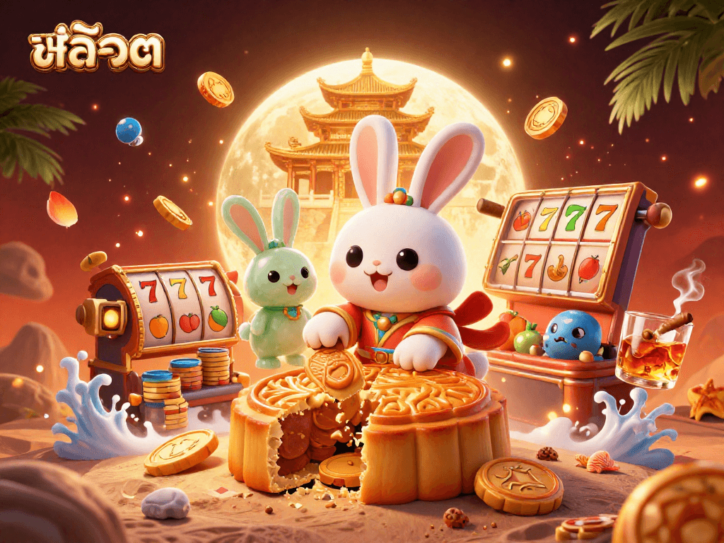 Experience exciting สล็อต gameplay with a moon rabbit and jade companion in a vibrant casino setting.
