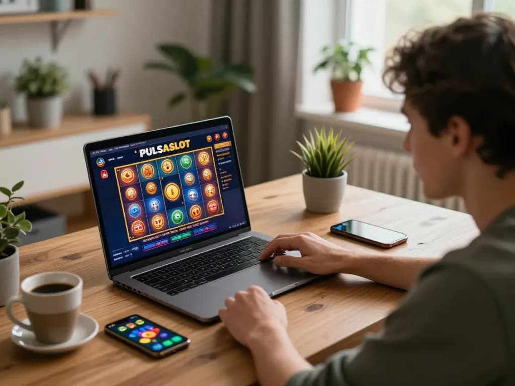 PULSASLOT player enjoying thrilling online slots on a stylish laptop, showcasing gameplay and responsible gaming.