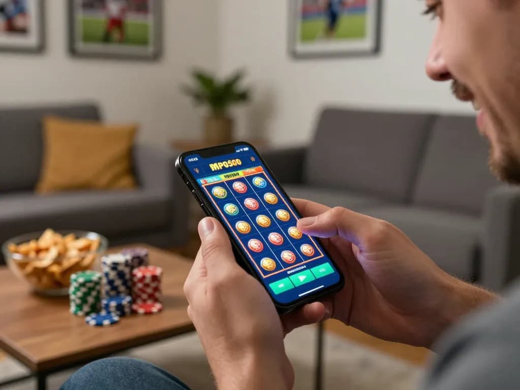 Engaged player enjoying mpo500 mobile slots in cozy living room setup, highlighting excitement and strategy