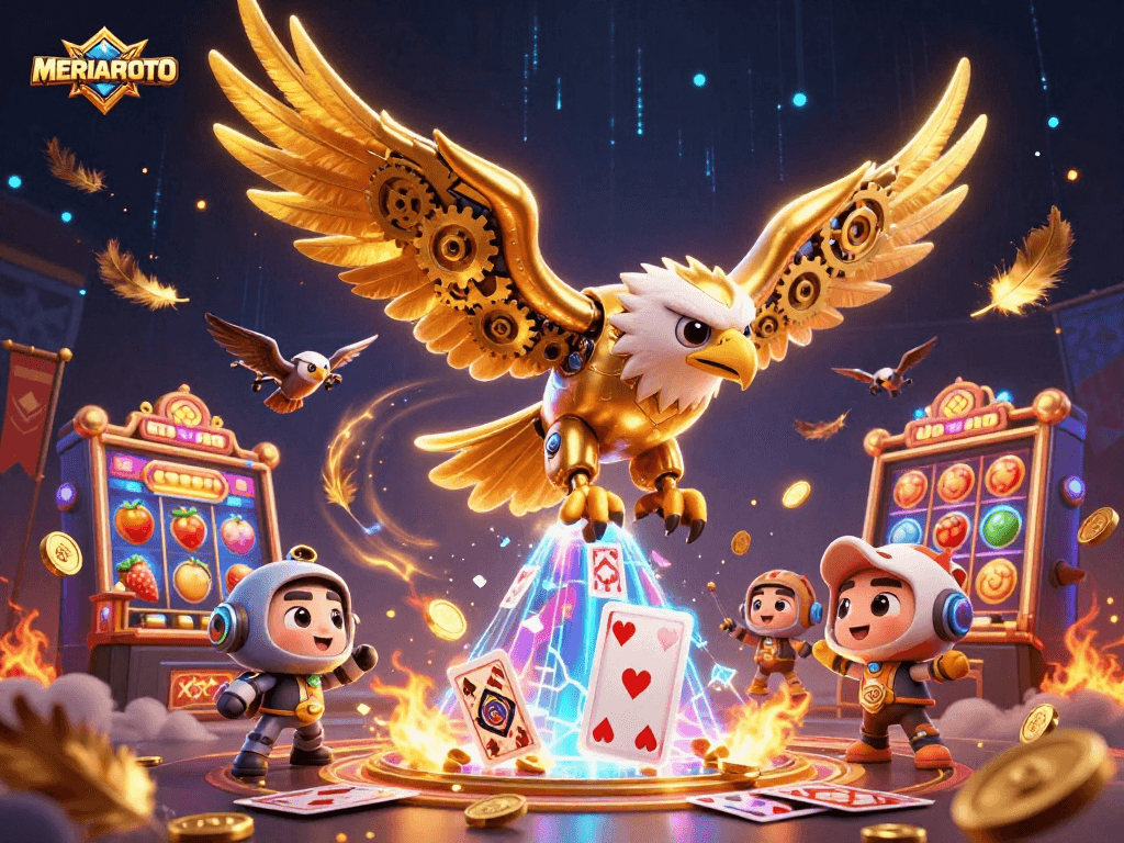 MERIAHTOTO menampilkan elang cybernetic dan simbol slot yang bersinar di arena perjudian