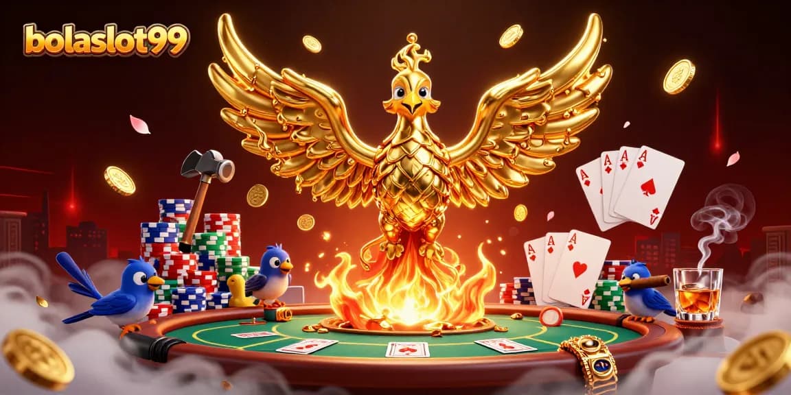 bolaslot99 unfolds vibrant casino elements with molten golden phoenix amidst poker action