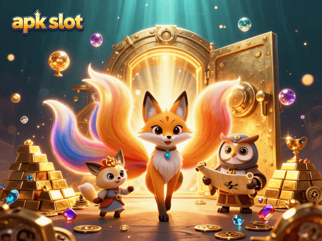 Raih kemenangan dengan apk slot yang mempesona, dalam ilustrasi kasino 3D yang penuh warna dan keberuntungan.