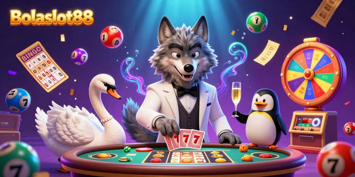Bolaslot88 showcases a vibrant casino scene with lively characters playing baccarat, enhanced by dynamic slot game elements.