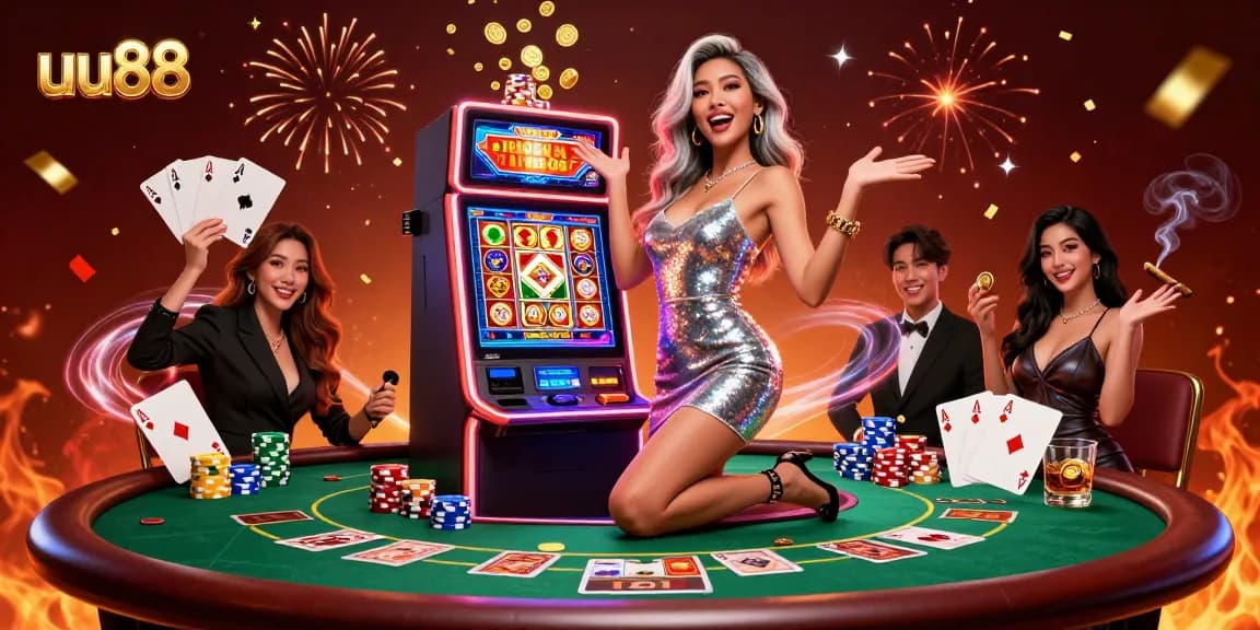 uu88 showcases a stunning jackpot celebration with vibrant casino elements and excitement.
