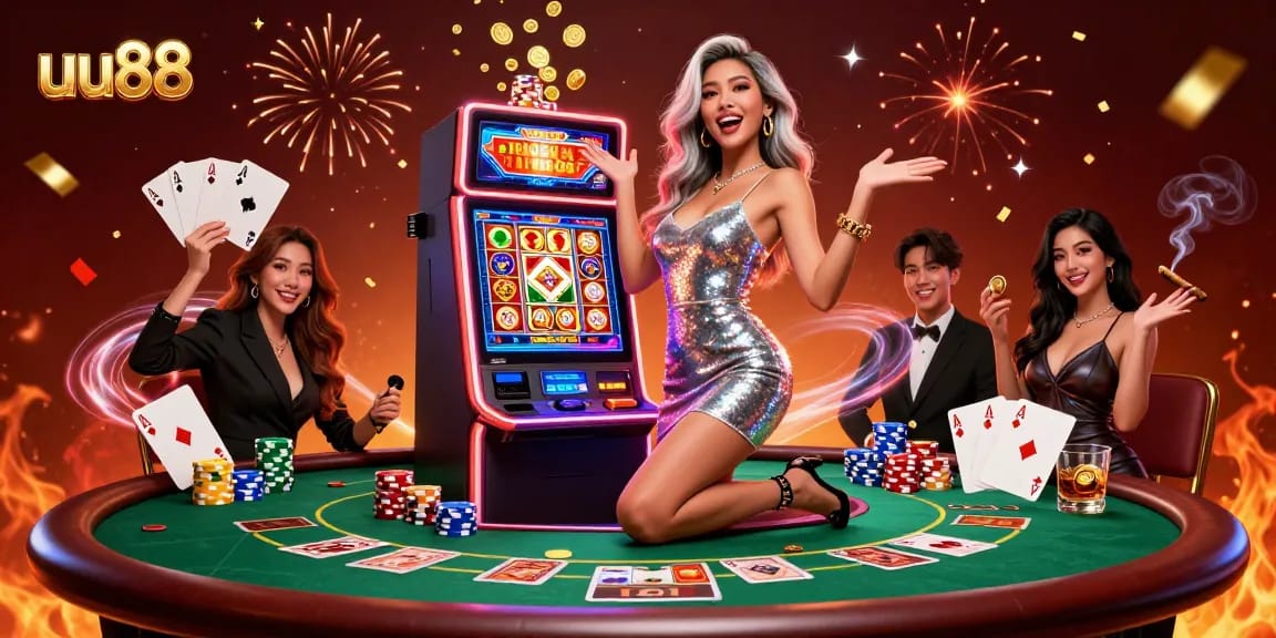 uu88 showcases a stunning jackpot celebration with vibrant casino elements and excitement.