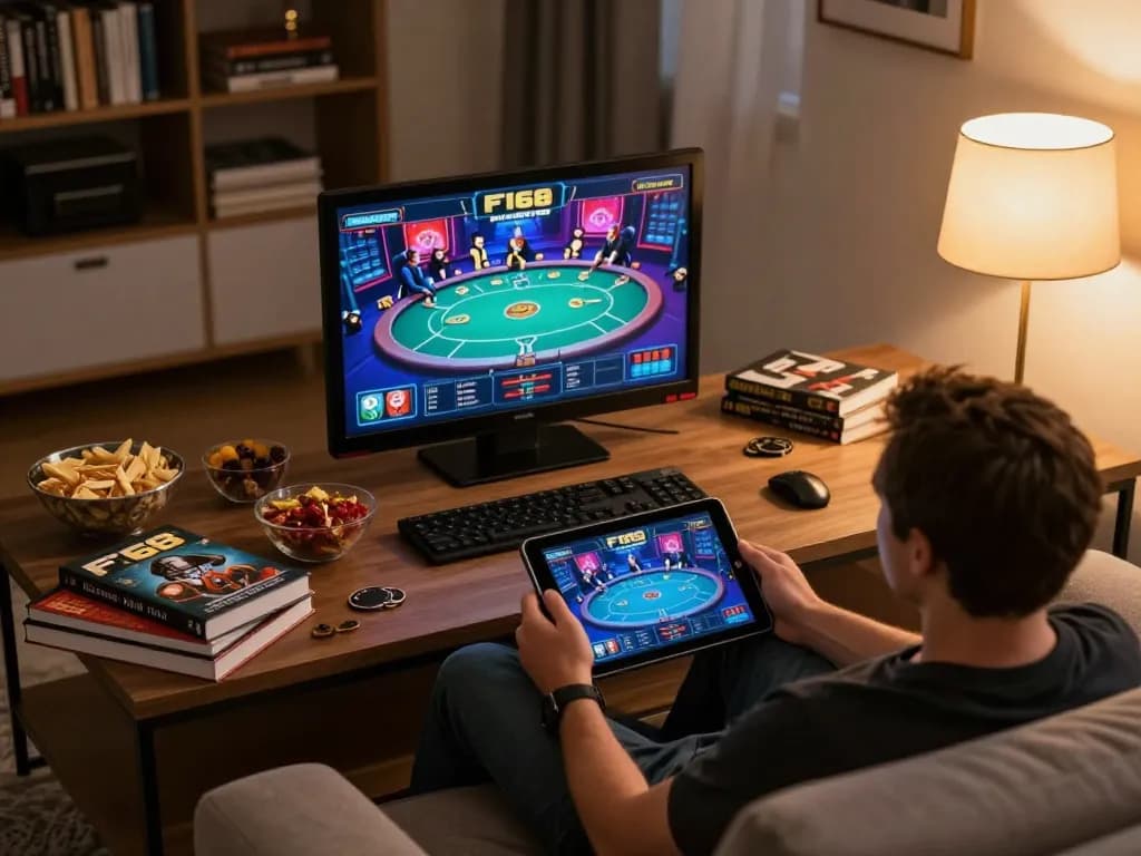 Player engaging with F168 poker game on tablet in cozy home environment, showcasing a fun online gaming experience