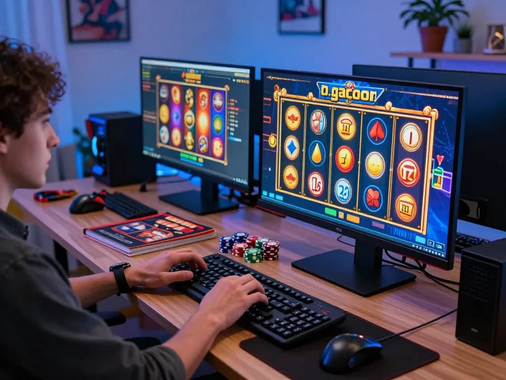 Engaging online player enjoying slot gacor game on multiple monitors, showcasing vibrant graphics and responsible gaming ambiance.