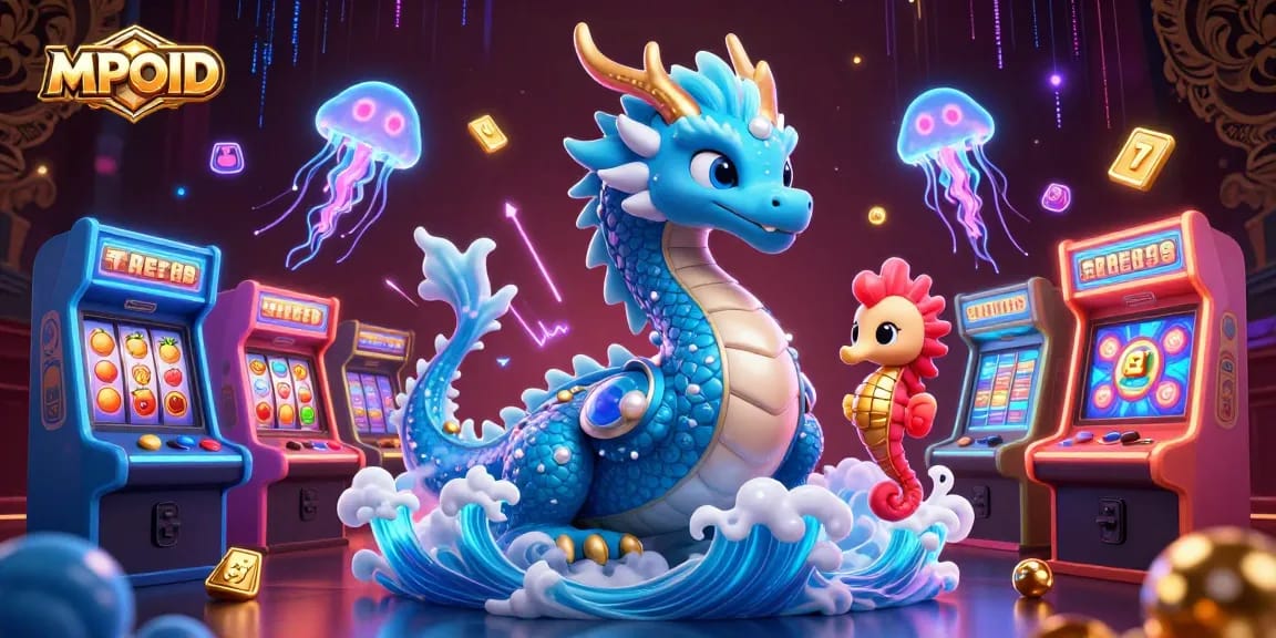MPOID captures a thrilling casino scene with a dragon, seahorse knight, and vibrant slot machines.