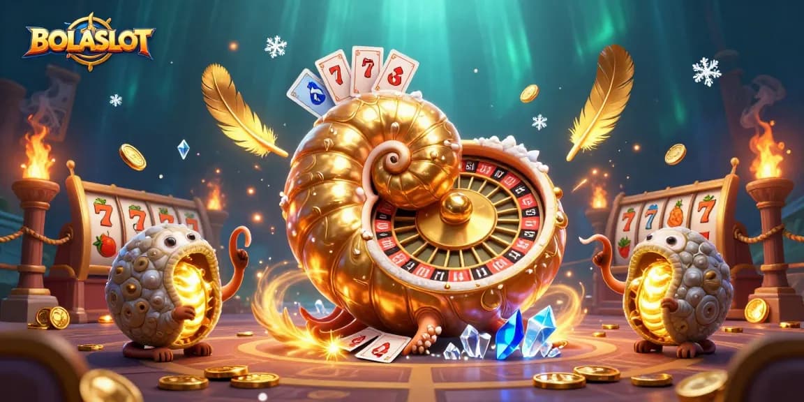 BOLASLOT showcases a vibrant casino scene with a giant nautilus roulette wheel, cartoon characters, and slot symbols.