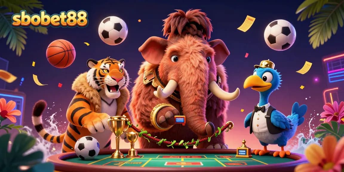 SboBet88 promotes dynamic sports betting with colorful sports balls and engaging characters checking IDs.