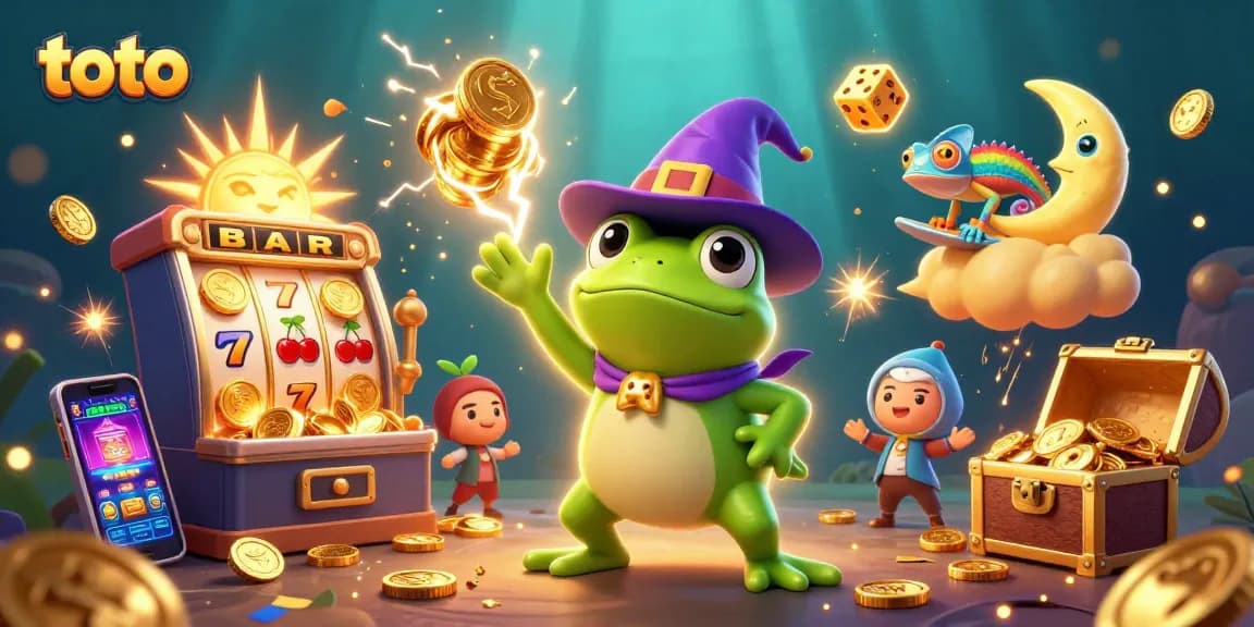 Toto jackpot explosion illustration with golden coins, slot machines, and vibrant casino elements.