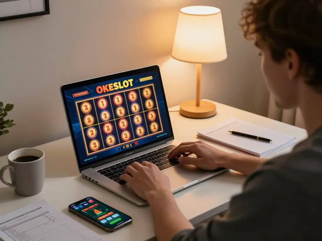 Player experiencing online slots on OKESLOT at home, captivated by the game.