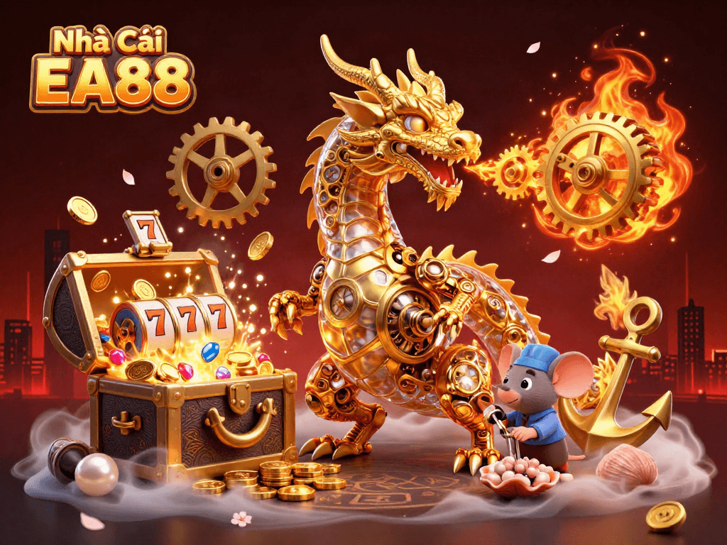 Experience thrilling gameplay with Nhà Cái EA88, featuring a golden dragon and treasure amidst exciting casino elements.