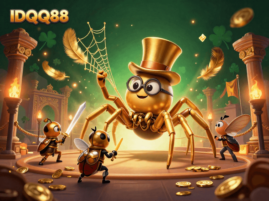 Engage with IDQQ88 at an exciting casino scene depicting a golden tarantula and beetle knight.
