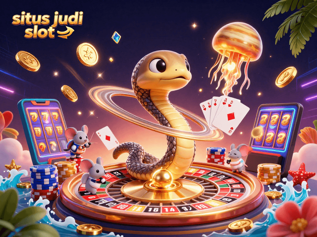 Bermain di situs judi slot dengan simbol menang dan dealer kosmik dalam suasana penuh warna.