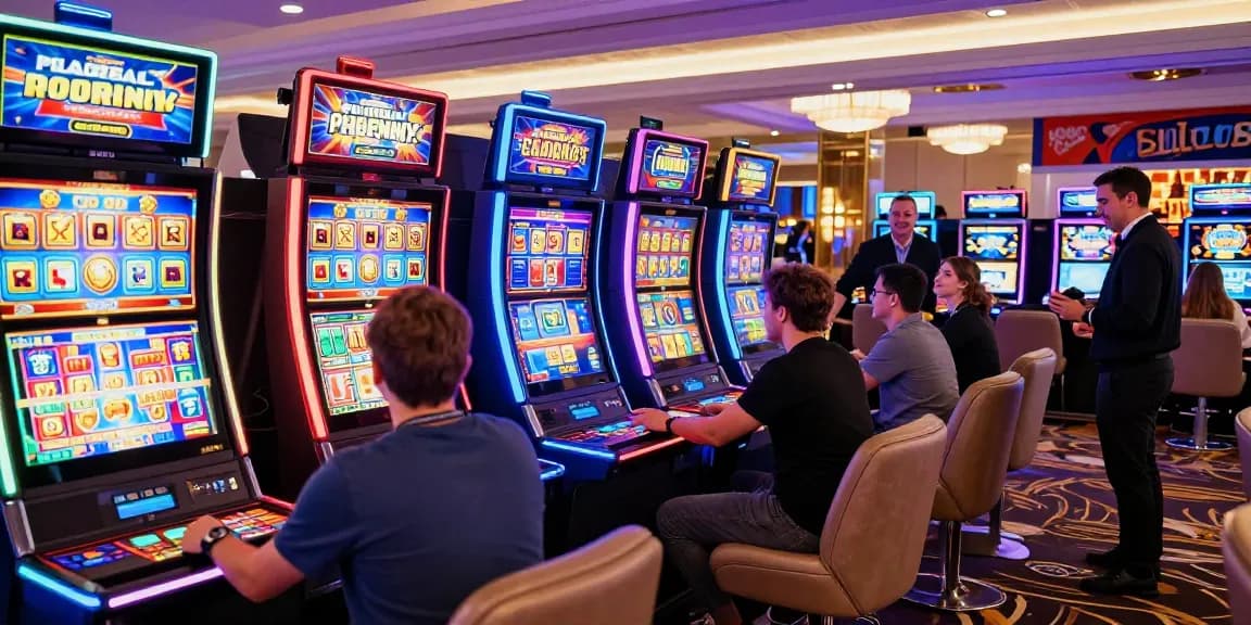 Slot machines in a vibrant casino setting with excited players celebrating wins.