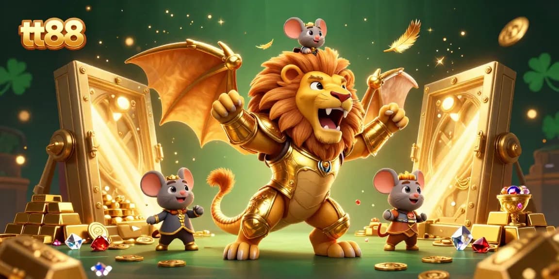 Experience the excitement of tt88 with a 3D chimera roaring in a vibrant casino scene filled with treasure.