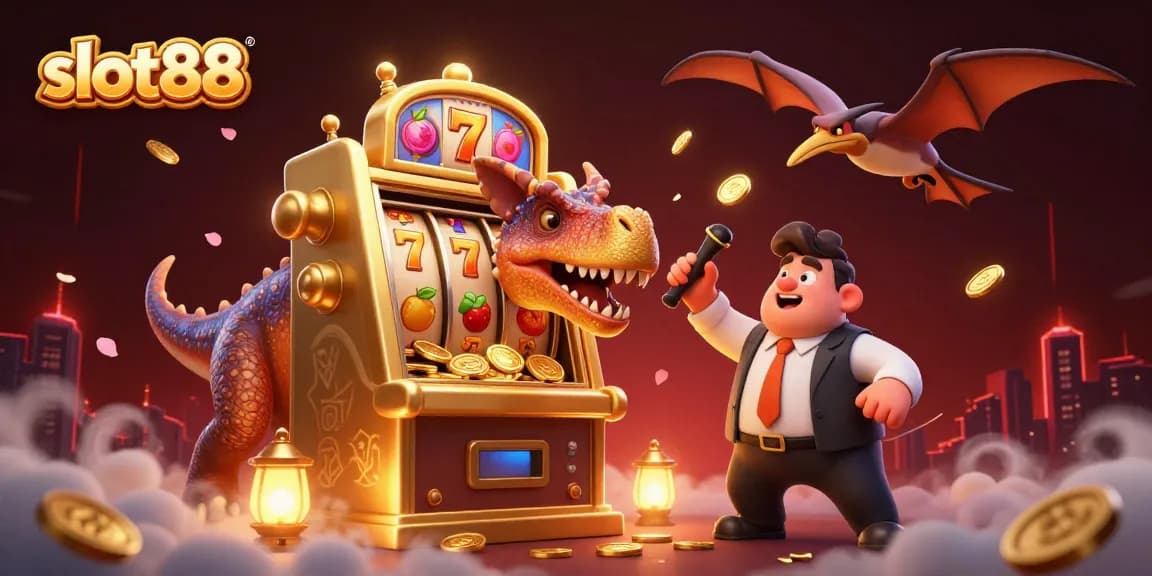 Slot88 menghasilkan jackpot dengan dinosaurus, manajer kasino panik, dan koin emas yang terbang.