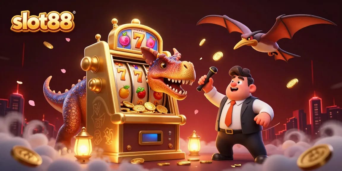 Slot88 menghasilkan jackpot dengan dinosaurus, manajer kasino panik, dan koin emas yang terbang.