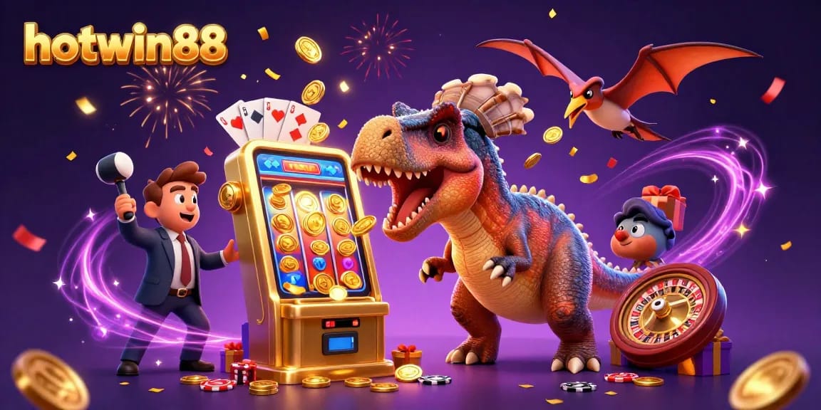Hotwin88 merayakan jackpot dengan mesin slot dan dinosaurus 3D di kasino