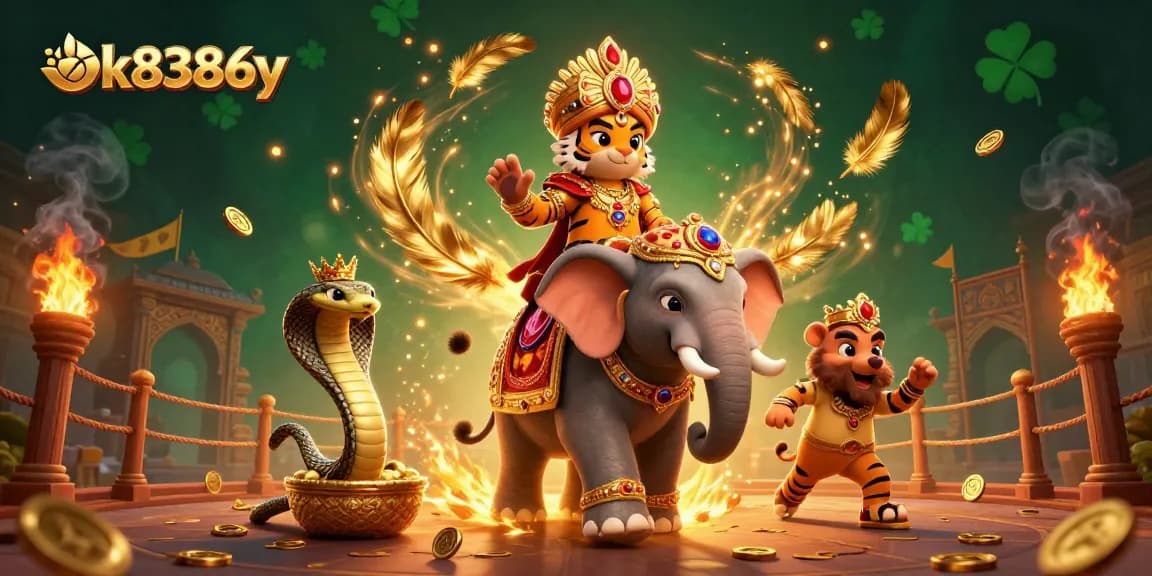 Experience thrilling gaming with ok8386y as the maharaja rides through a vibrant casino scene.