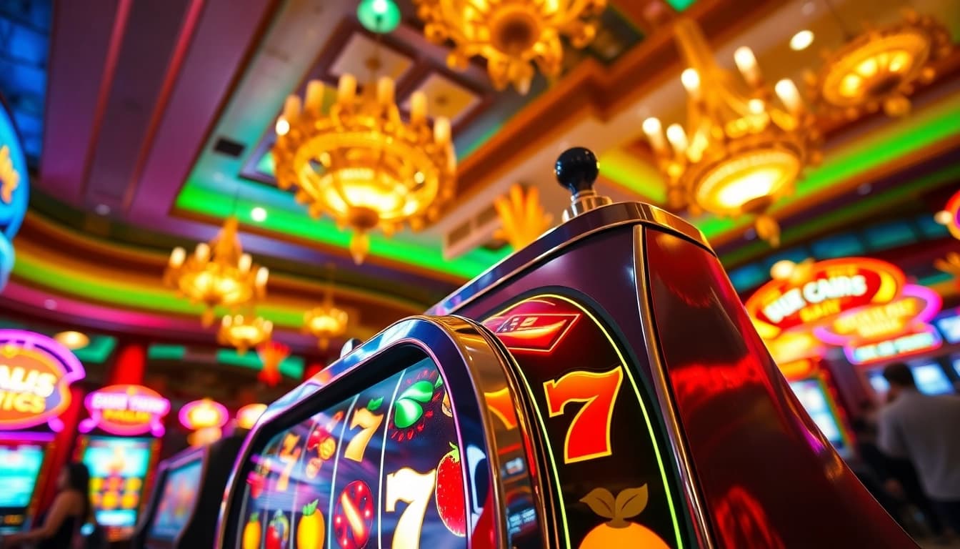 Raih jackpot di mesin slot yang berkilauan di kasino yang ramai.