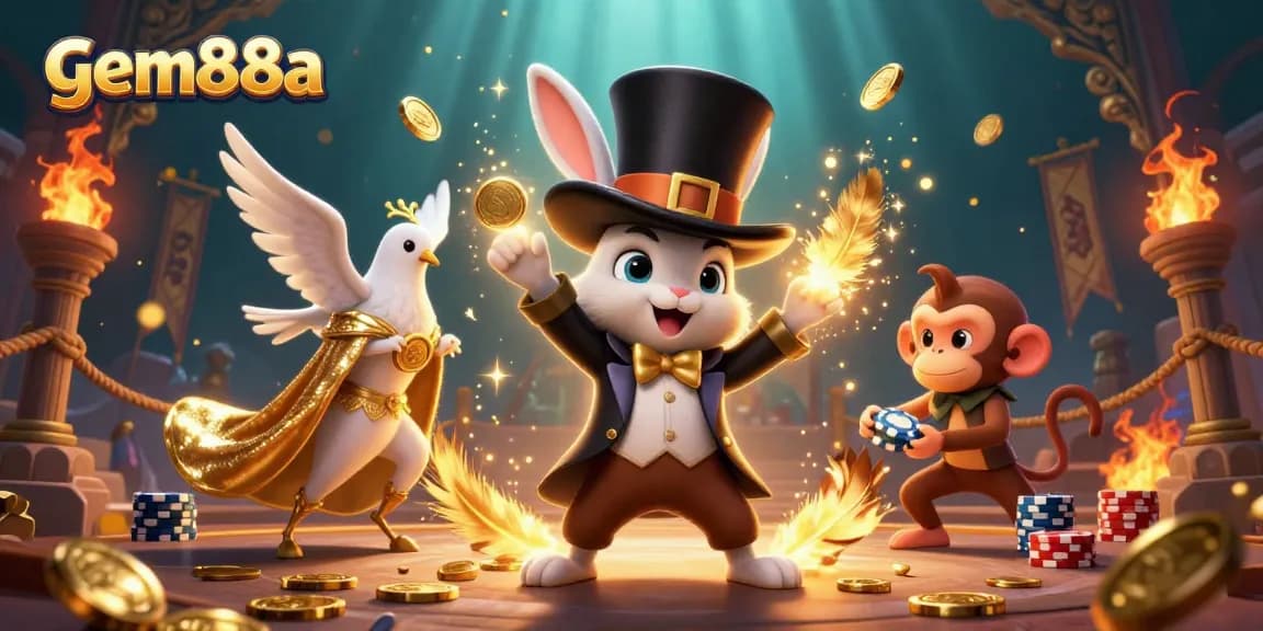 Experience the magic of gem88a as the magician rabbit pulls golden coins amidst an enchanting casino scene.
