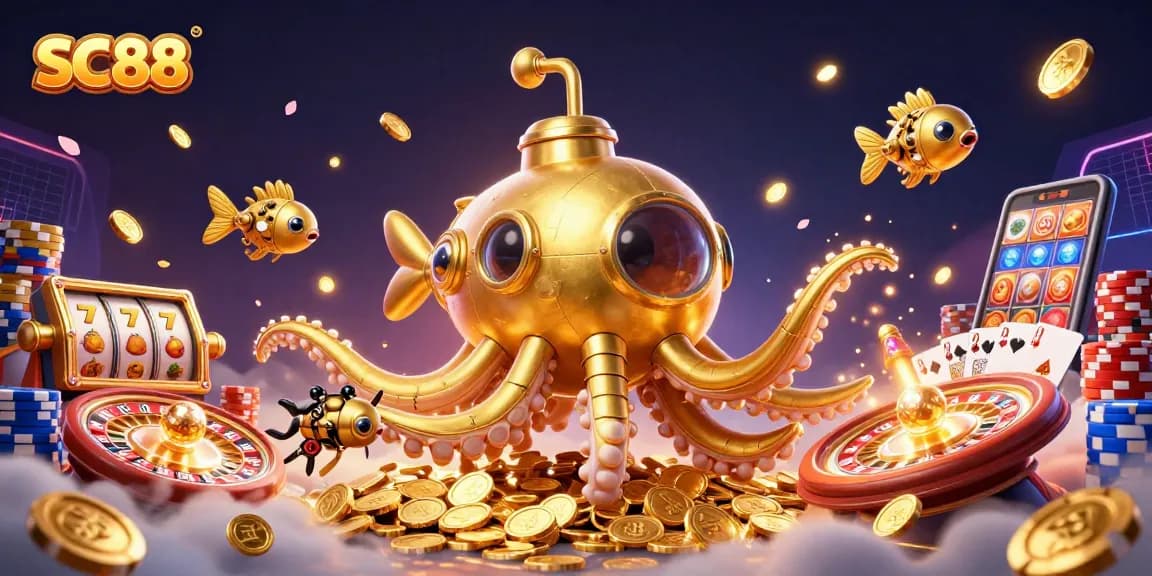 Experience thrilling action at SC88 with a golden kraken submarine amidst slot reels and dazzling coins.