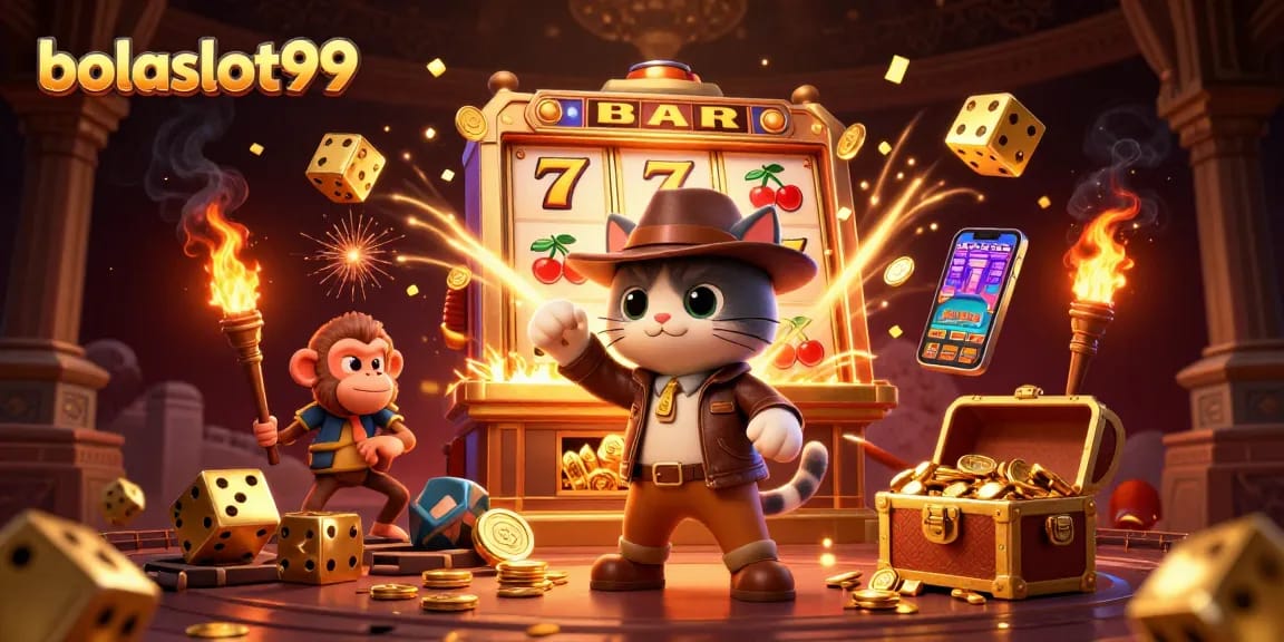 Experience thrilling wins with bolaslot99 in a vibrant casino adventure scene.