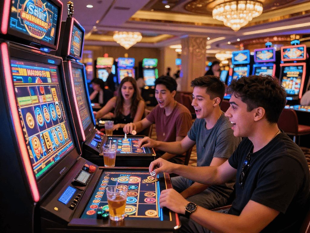 Players celebrating wins on Slot MAHJONGJP88 in a vibrant casino.