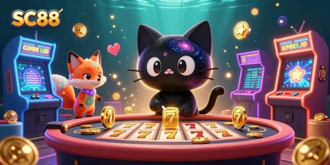 SC88 cat pulls in golden slot reels at a cosmic casino table, showcasing vibrant 3D art.
