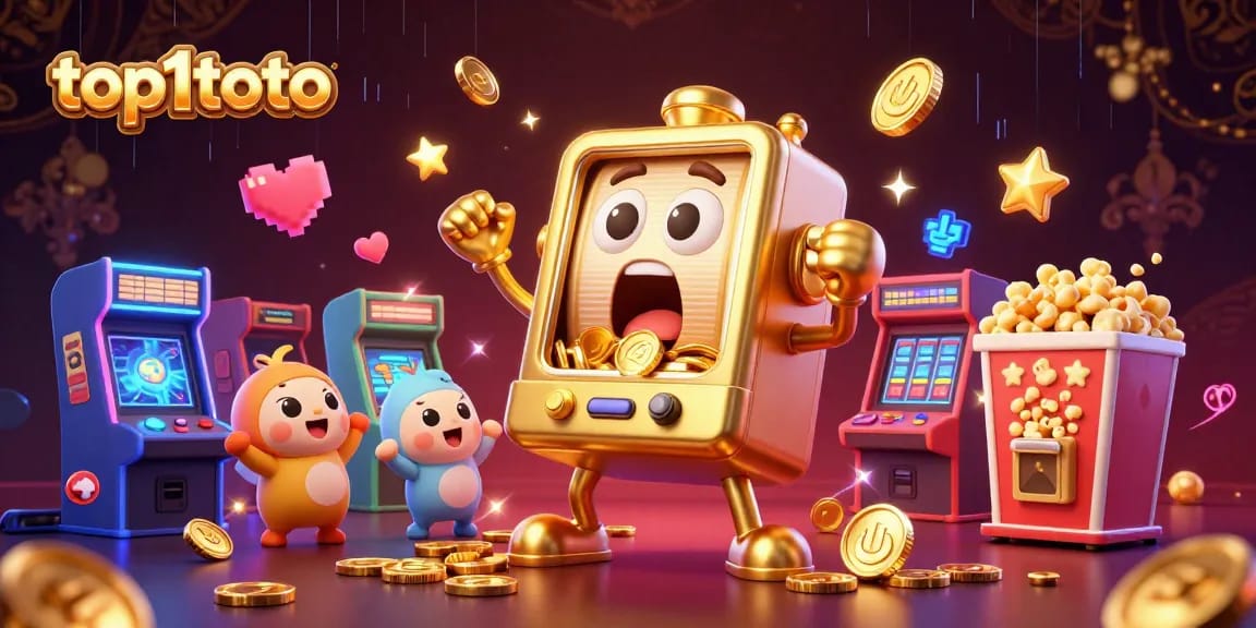 Top1toto golden slot machine wins a jackpot surrounded by arcade elements.