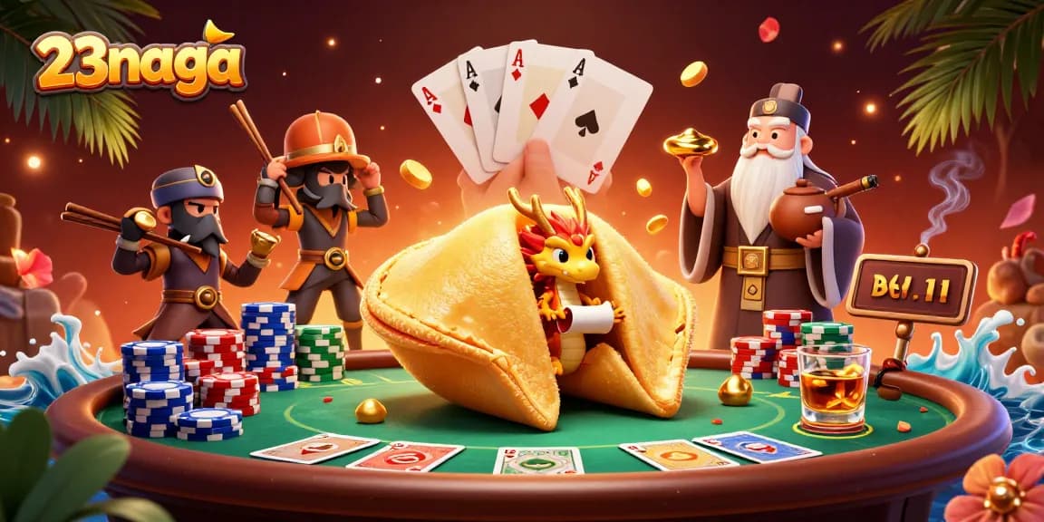 23naga menampilkan ilustrasi kasino dengan cookie keberuntungan dan naga bijak dalam suasana menarik.