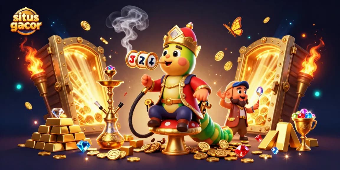 Situs gacor showcases a whimsical scene of a caterpillar hookah-master amidst golden treasure and slot symbols.