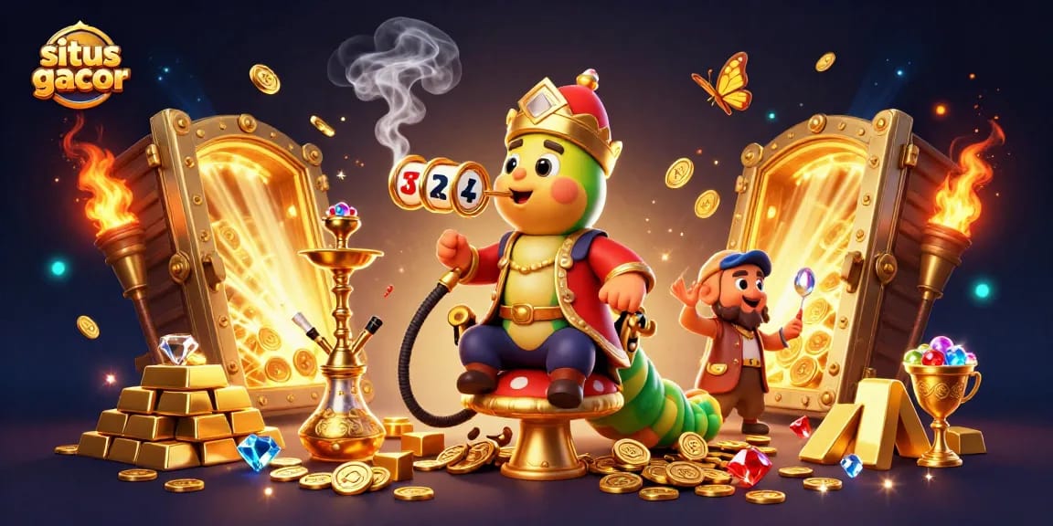 Situs gacor showcases a whimsical scene of a caterpillar hookah-master amidst golden treasure and slot symbols.