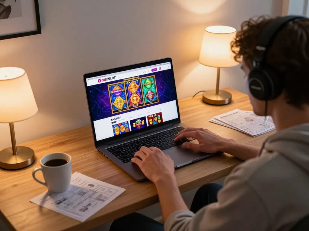 Pemain berinteraksi dengan OKESLOT di laptop dalam suasana rumah yang nyaman, menyoroti permainan online yang strategis.