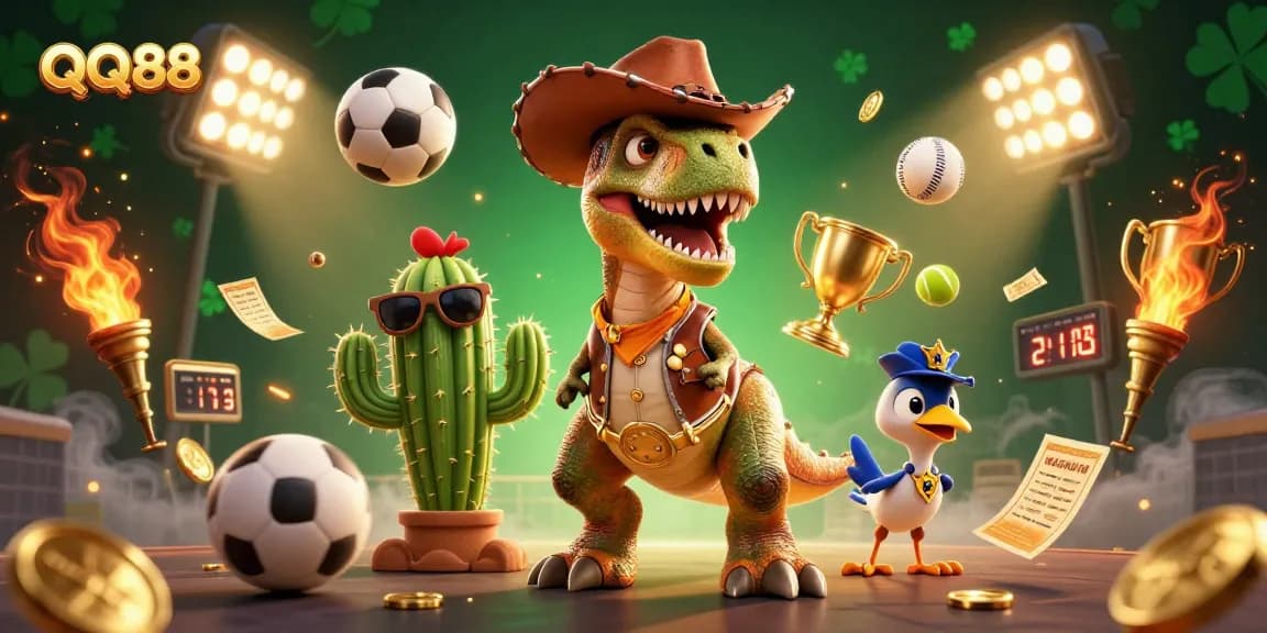 Experience thrilling gameplay at QQ88 with a vibrant scene showcasing a cartoon dinosaur, sports elements, and winning trophies.