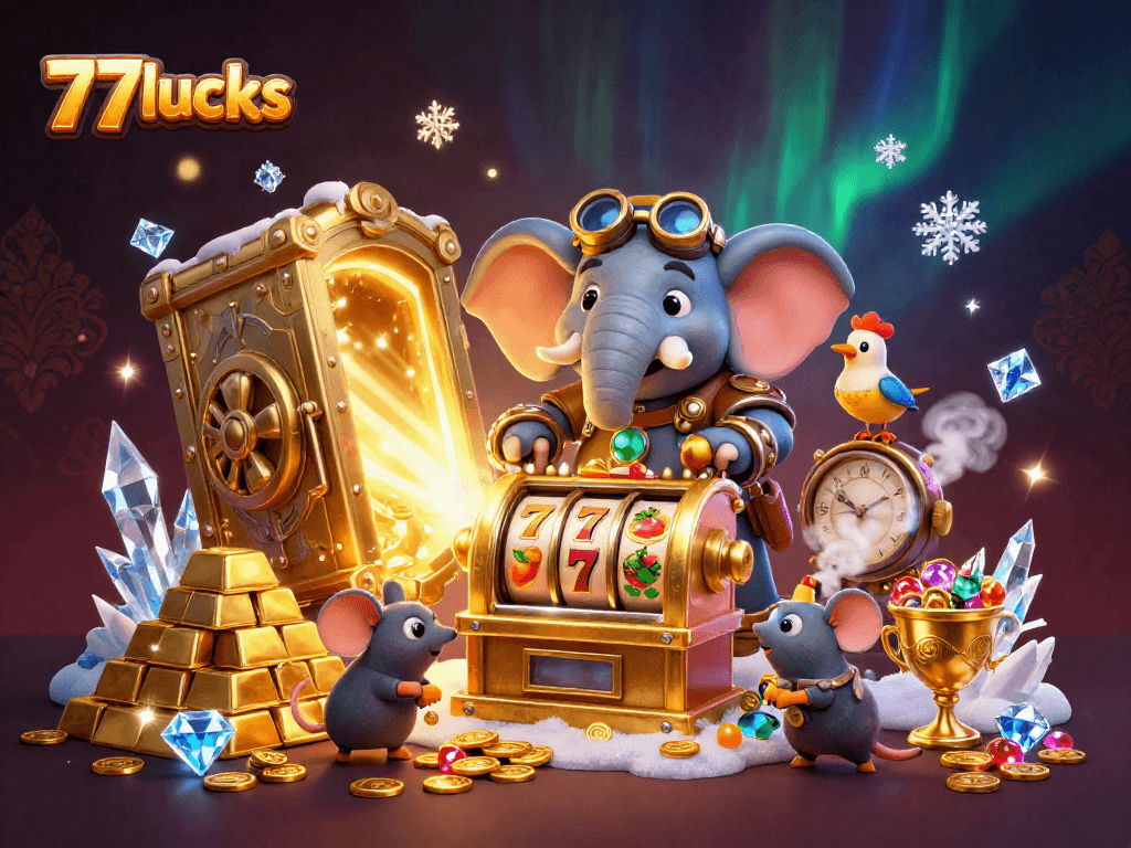Menghadapi slot machine emas di 77lucks, gajah steampunk menjelajahi harta karun dan permata.