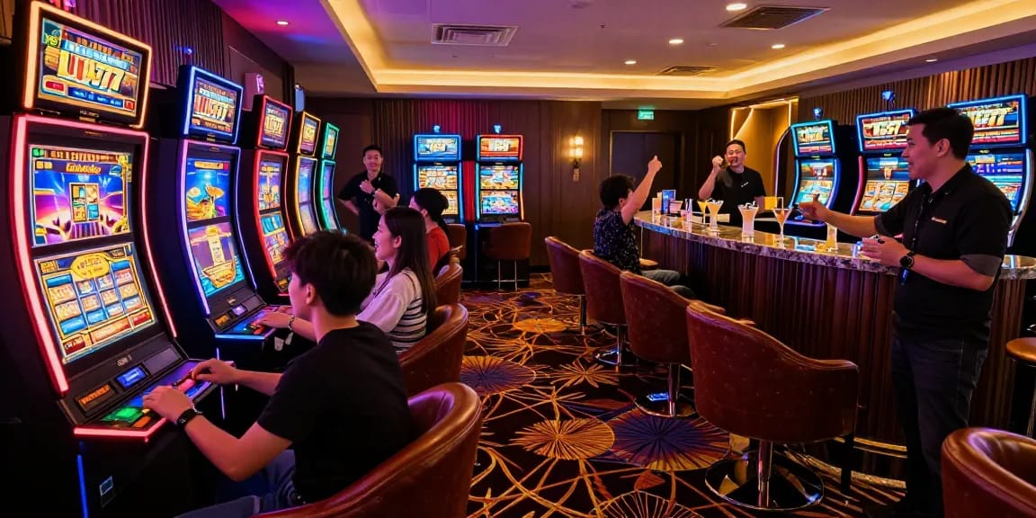 Ruang permainan mewah LUXURY777 dengan pemain antusias dan mesin slot modern.