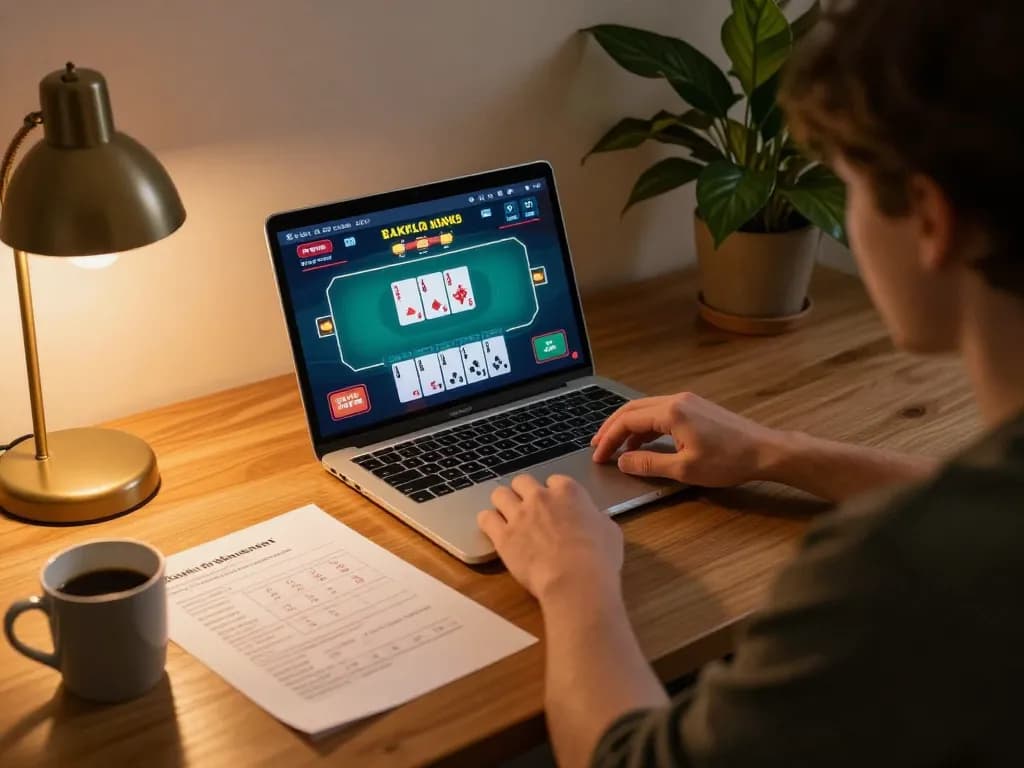 IDCASH88 Alterantif player analyzing poker strategy on a laptop during a cozy home gaming session