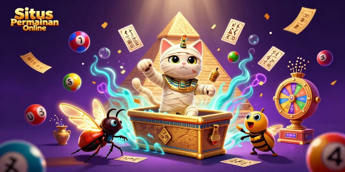 Experience excitement with Situs Permainan Online as a mummy cat bursts from its sarcophagus, surrounded by colorful games.