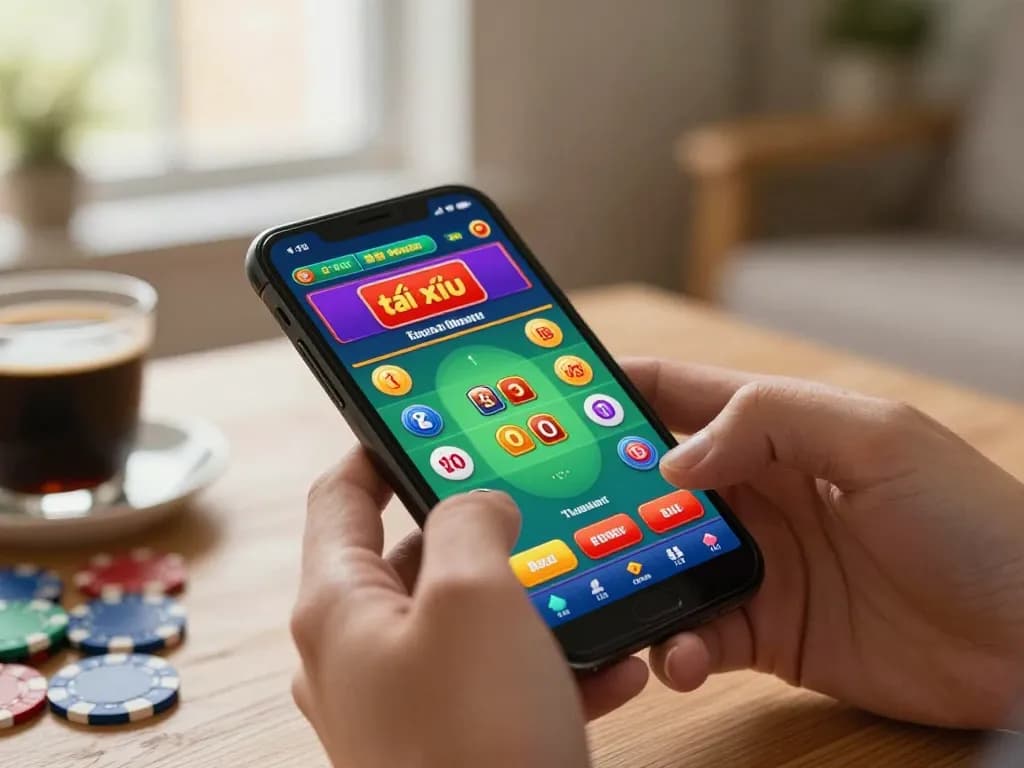Engaging with app tài xỉu online on smartphone, showcasing vibrant game interface and cozy home setting