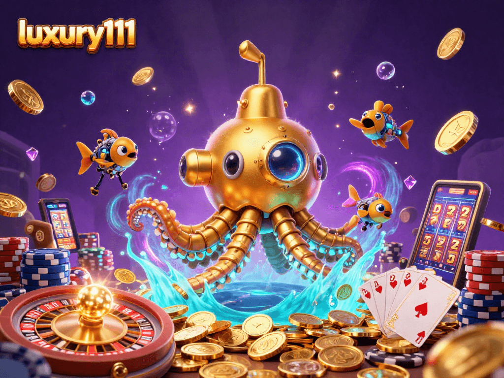Experience luxury111 through a vibrant 3D casino scene bursting with golden coins and excitement.