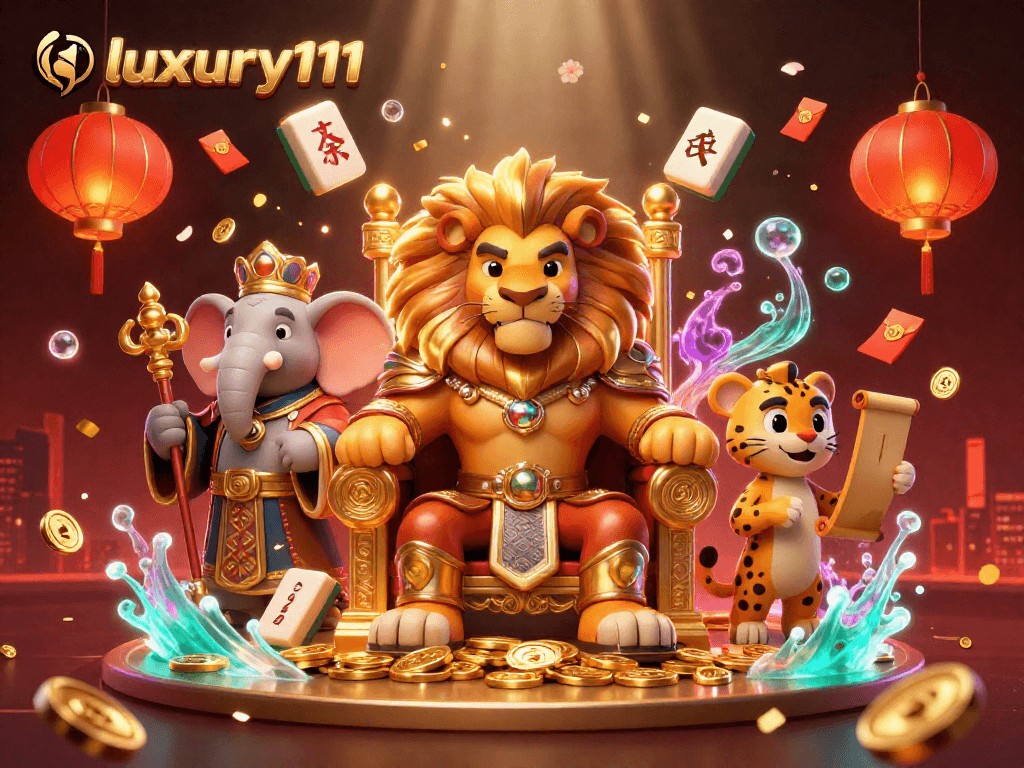 Engage in luxury111 gameplay with a vibrant 3D casino scene featuring iconic characters and festive gaming elements.