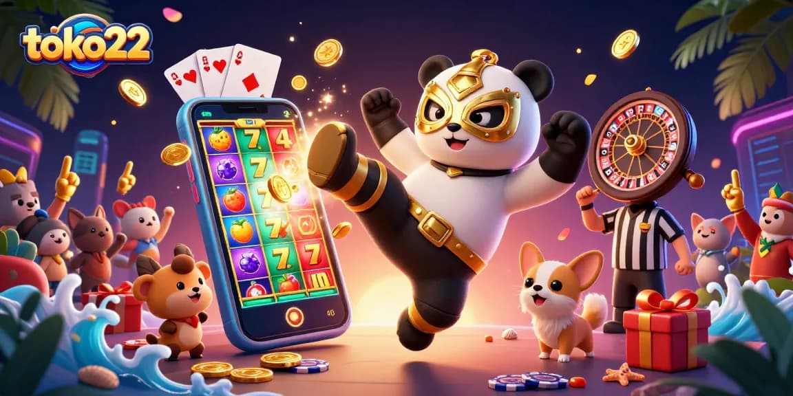 Experience excitement at toko22 with a vibrant 3D scene of gambling fun including a wrestling panda and animated slot games.