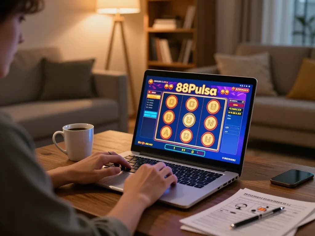 Berinteraksi dengan permainan slot online yang penuh warna dari 88Pulsa di lingkungan rumah yang nyaman.