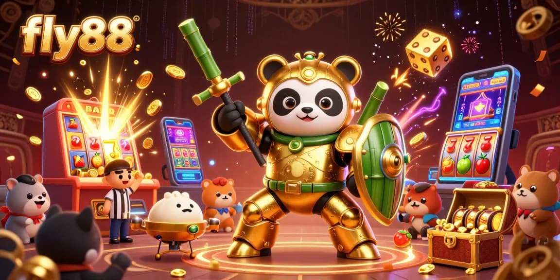 Experience exhilarating jackpots with fly88's vibrant slot scene featuring a golden panda robot.