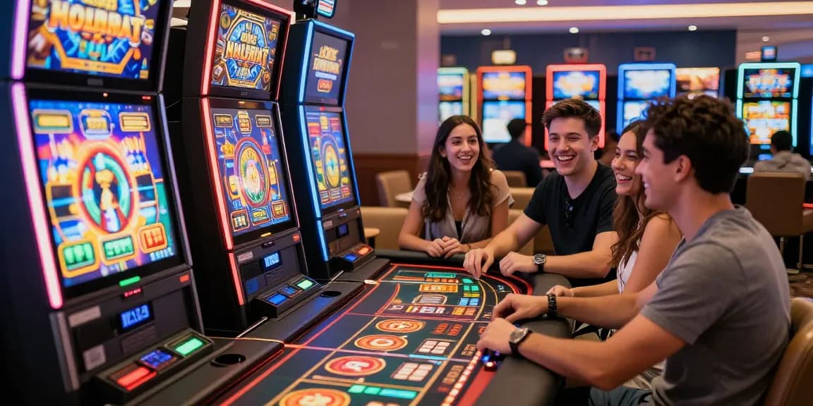 Exciting situs slot gaming scene with friends enjoying vibrant slot machines in a lively casino atmosphere.