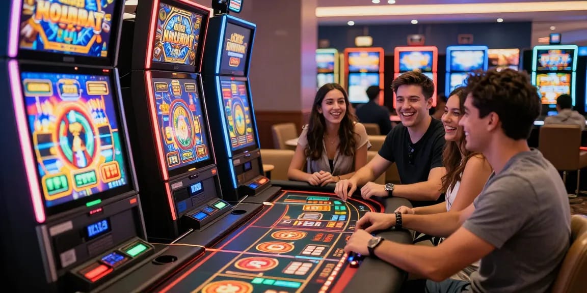 Exciting situs slot gaming scene with friends enjoying vibrant slot machines in a lively casino atmosphere.